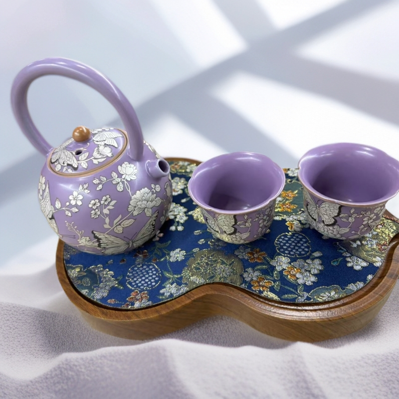 ZH3476-紫色蝶恋花掐丝银提梁一壶两杯+茶盘