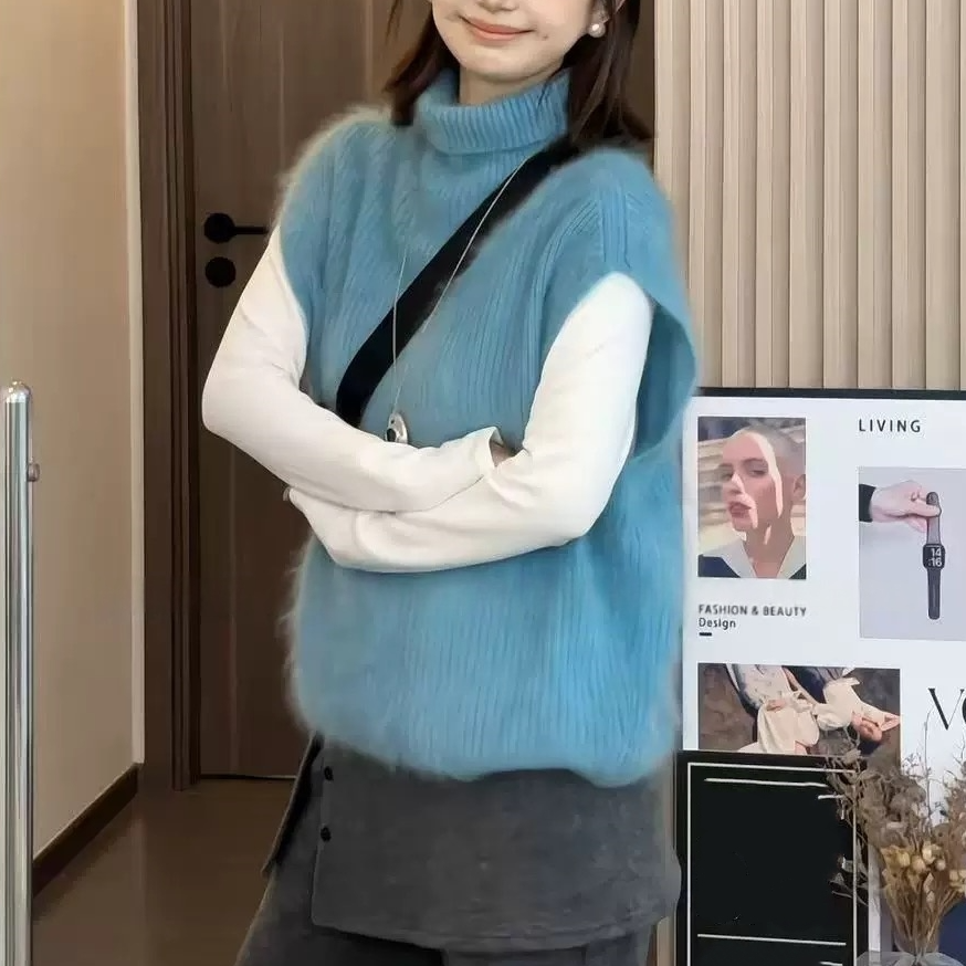 拉绒马甲高领纯色100%羊毛针织衫秋冬新款女宽松慵懒简约拉毛背心