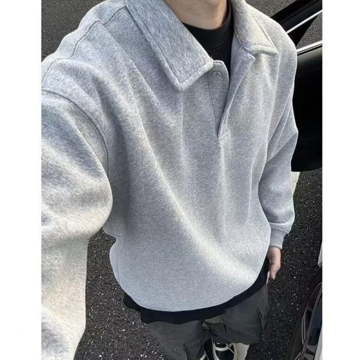 白灰色polo领卫衣男秋冬季高级感内搭长袖打底衫美式复古翻领外套