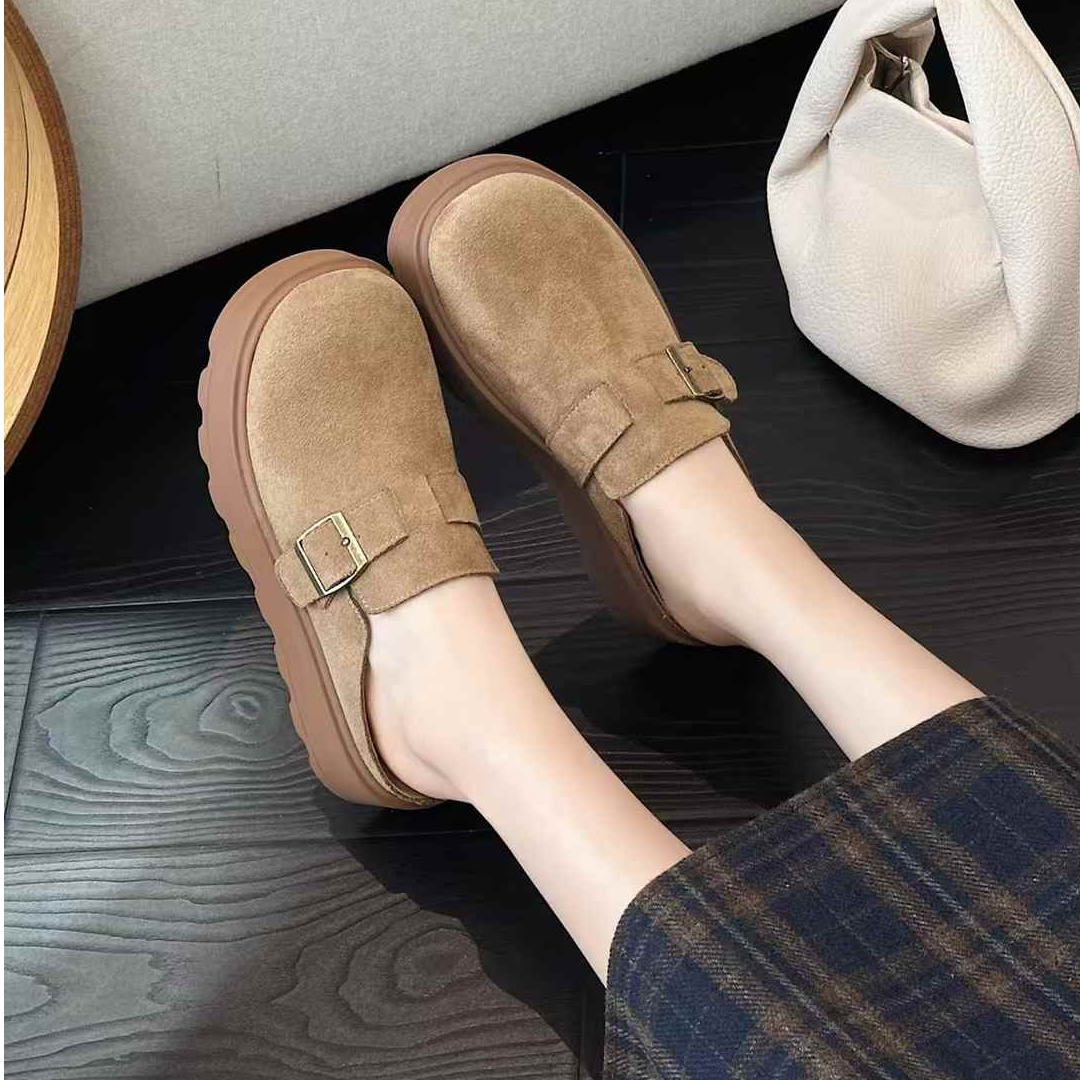 韩版包头复古百搭低帮休闲加绒修面皮半拖包头拖英伦风纯色321272