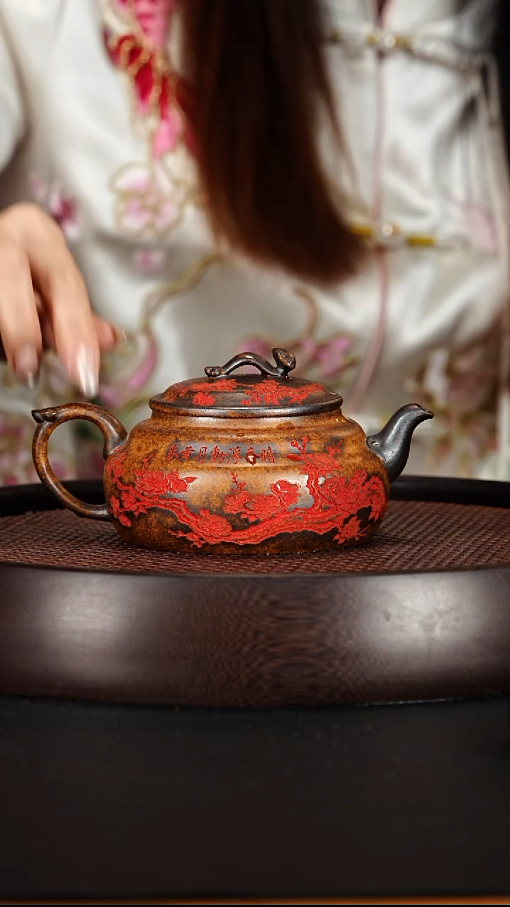 茶壶紫砂宜兴紫砂壶龙骨金砂柴烧炫彩如意240cc