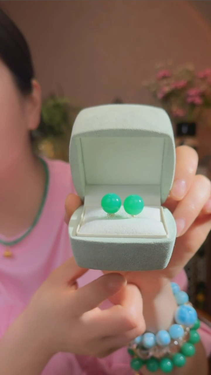 玛瑙/玉髓耳钉18K金镶嵌天然澳玉耳钉