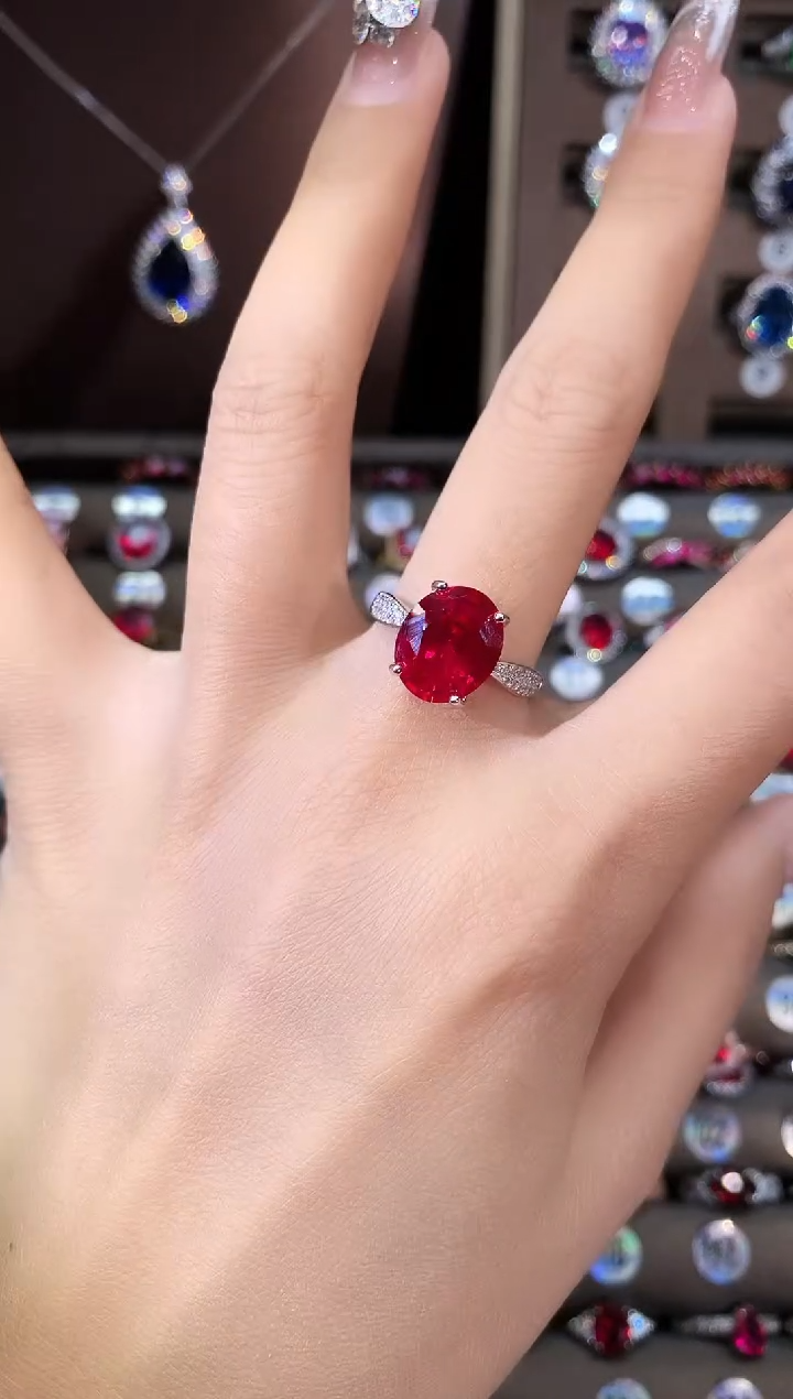 无925银鸽血红色戒指