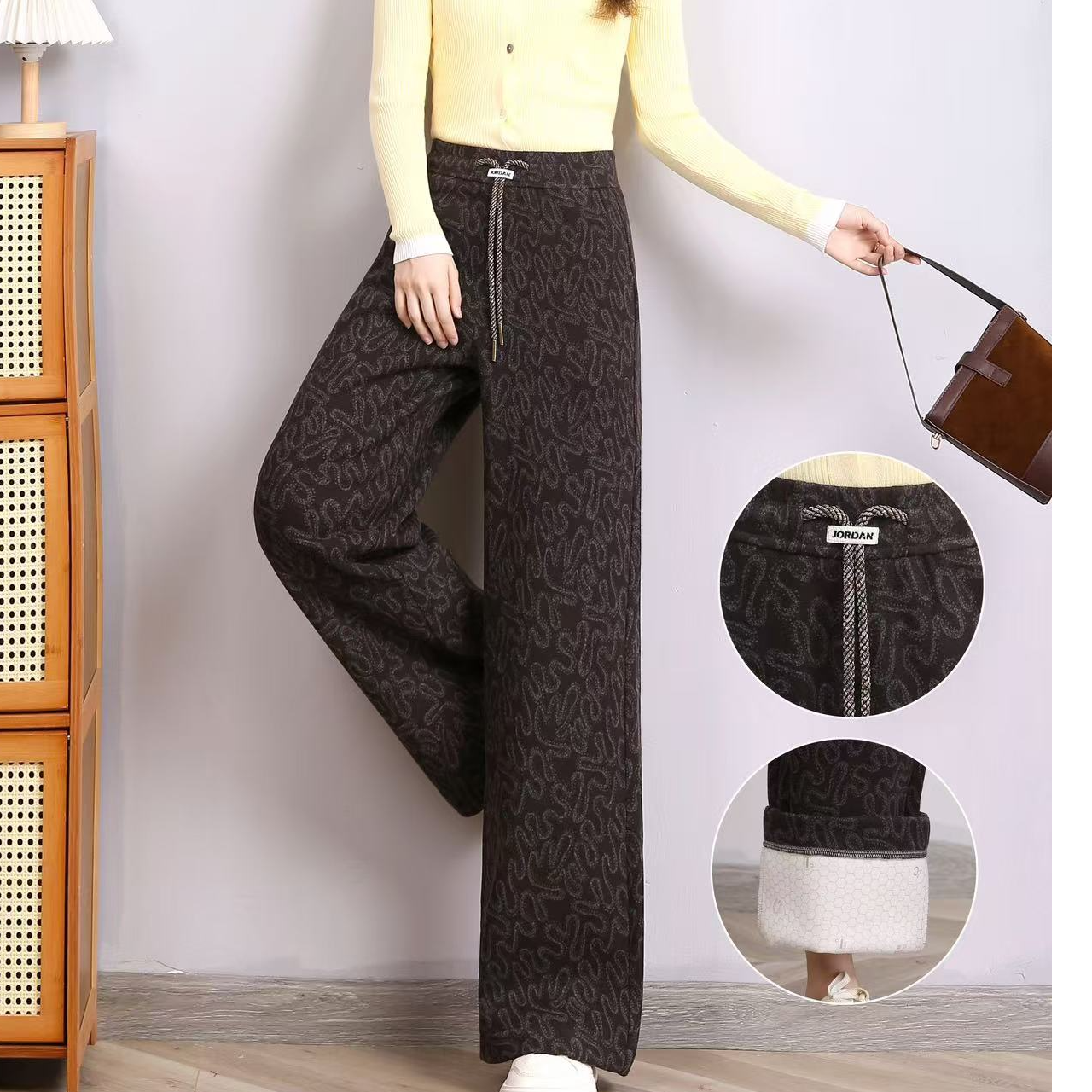 10A抗菌羊毛中古风复古精致花纹直筒裤秋冬宽松高腰显瘦气质2563