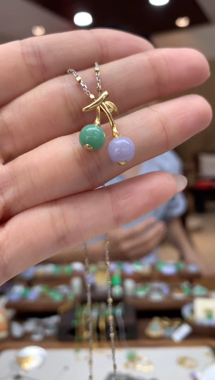 翡翠18K金镶嵌吊坠(不含链)樱桃