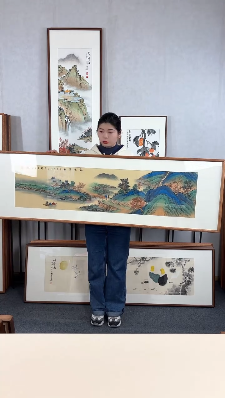 【闪购商品】国画手绘*秋水泛舟*52*172cm实木框