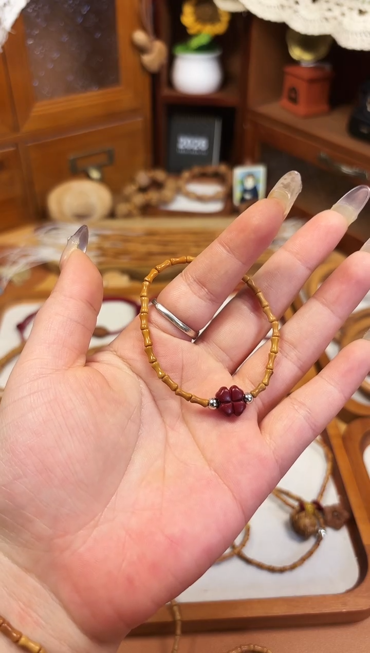 手串桃核竹节手串 朱砂四叶草   备注手围