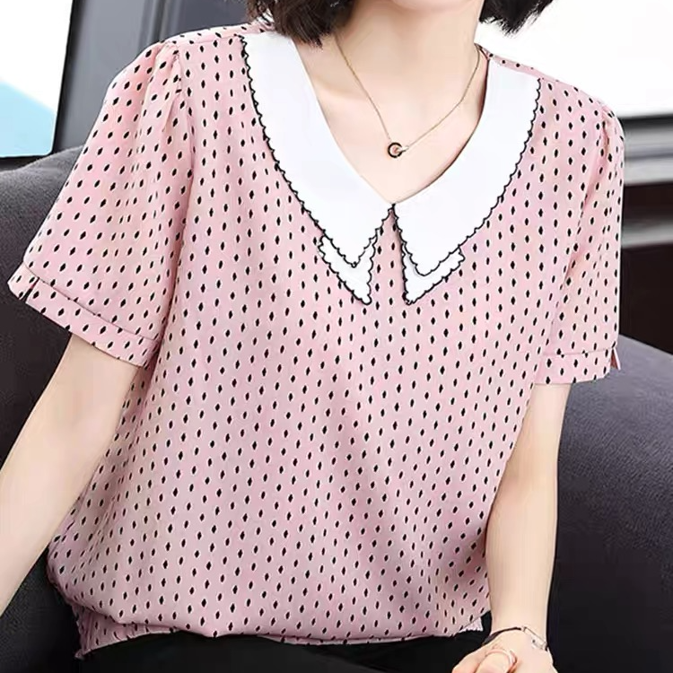 短袖女夏装娃娃领宽松遮肚体恤圆点妈妈薄款上衣洋气雪纺小衫