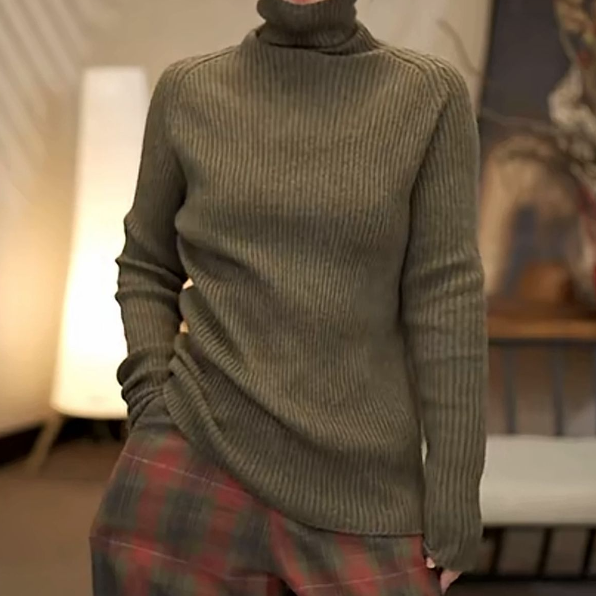 女款秋季针织高领竖螺纹套头插间长袖毛衣修身显瘦型百搭上衣