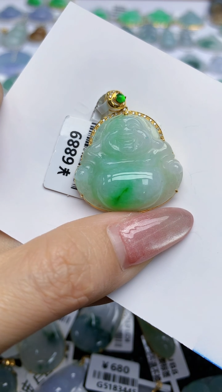 【闪购商品】翡翠挂件18K金镶嵌天然翡翠A货