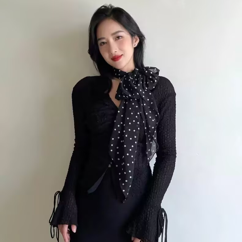 杜鹃花春夏新款桑蚕丝真丝波点雪纺时尚百搭长巾丝巾围巾披肩