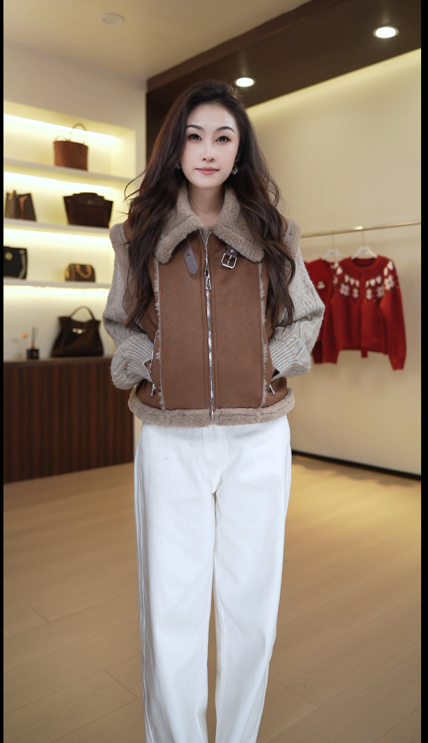 7571秋冬时尚翻领无袖牛绒皮短外套