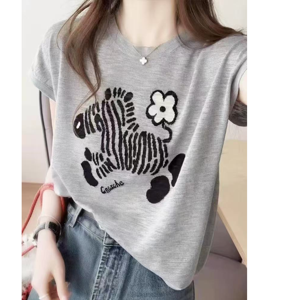 竹节麻~灰色小马短袖套头女夏季时尚休闲上衣