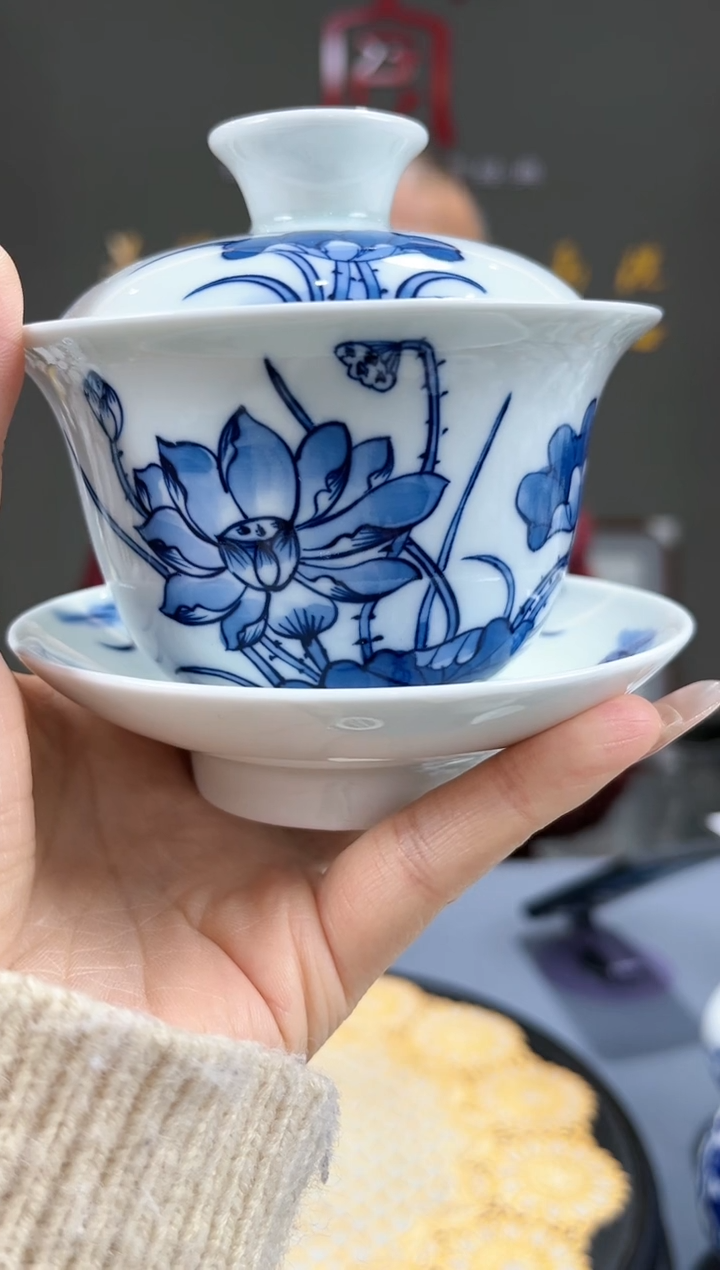 【闪购商品】官窑瓷画院386官窑瓷画院荷花三才盖碗