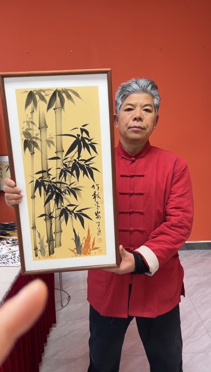 书法张富民手绘作品/竹报平安//古宣（乌檀木外框）36*69cm左右