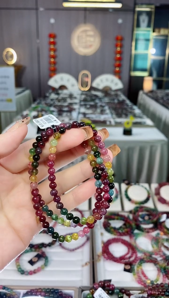 未镶嵌老矿碧玺色标彩虹油料三圈手串5mm+碧玺dan多样性发货一条 