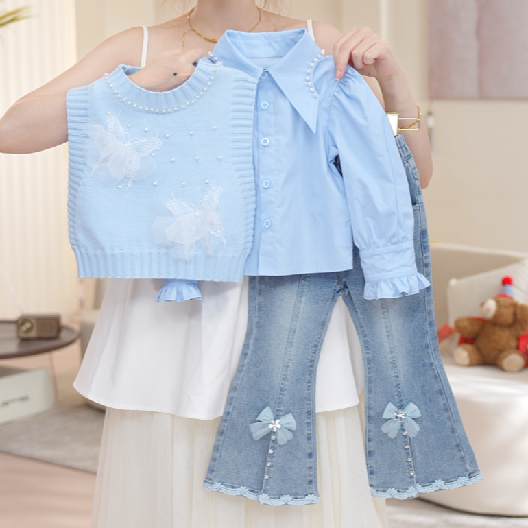 【蔚蓝】女童秋季欧若风套头少女风春秋套装女孩马甲三件套QC40402