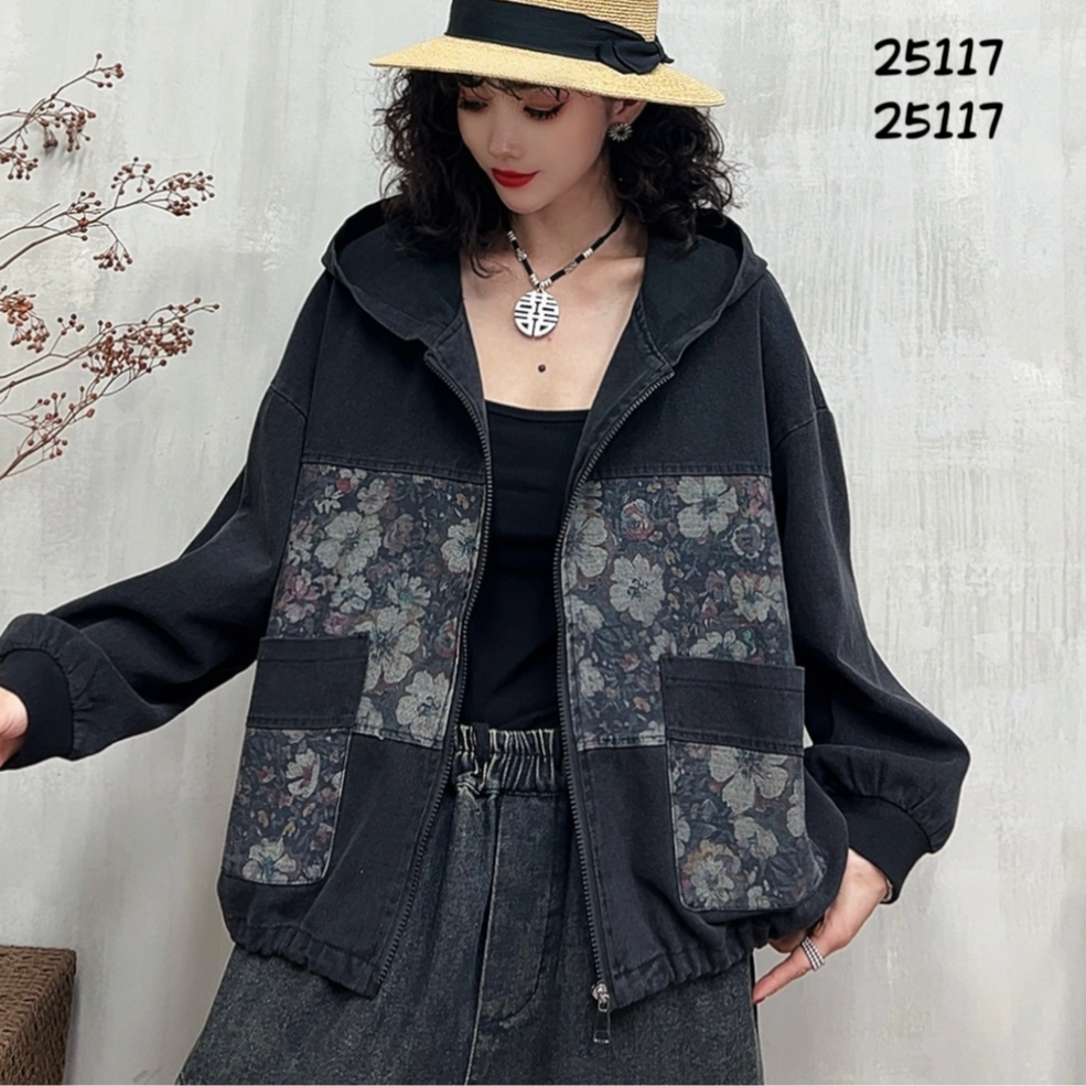 14555新款春秋时尚洋气减龄宽松连帽牛仔外套