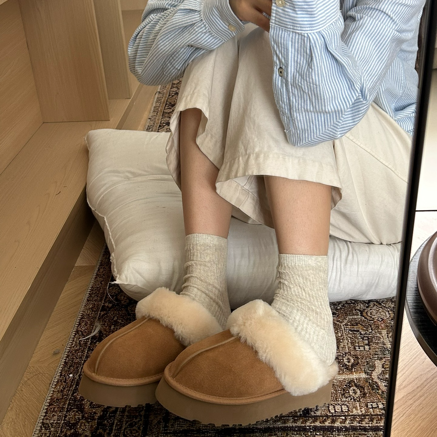 【桑坡雪地靴】厚底星拖羊皮毛一体冬季保暖时尚增高女毛毛拖雪地靴