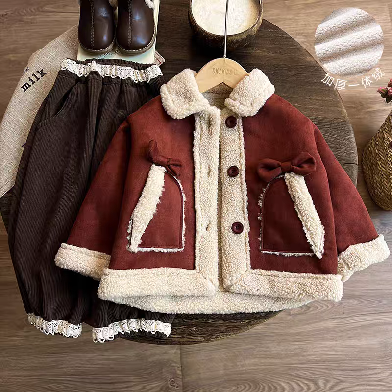 女童冬装皮毛一体韩版洋气安格拉红加绒外套加绒灯笼裤套装