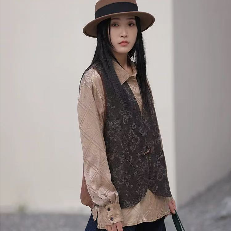 慢慢变蓝B5732新中式盘扣肌理提花丝羊毛香云纱两面穿马夹马甲