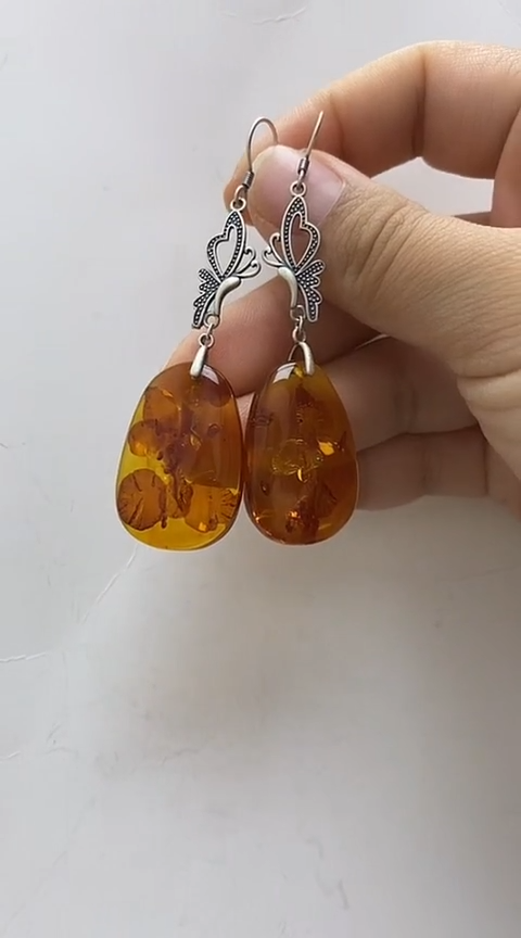 【闪购商品】琥珀裸石银S925镶嵌花珀耳坠