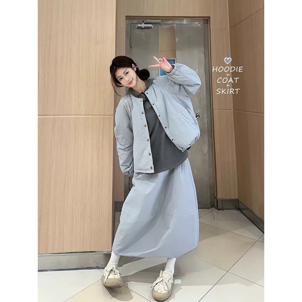 7043#夹棉保暖套装裙女冬季新款韩系棉服外套高腰a字半身裙两件套