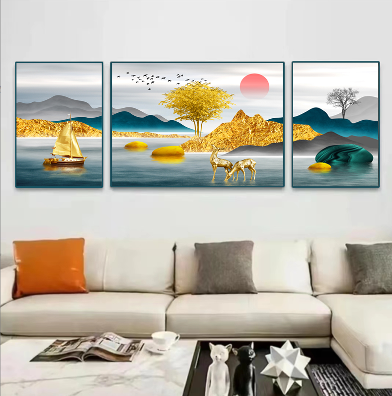【甄选版】客厅三联画【背靠金山】5002晶瓷镶钻装饰画