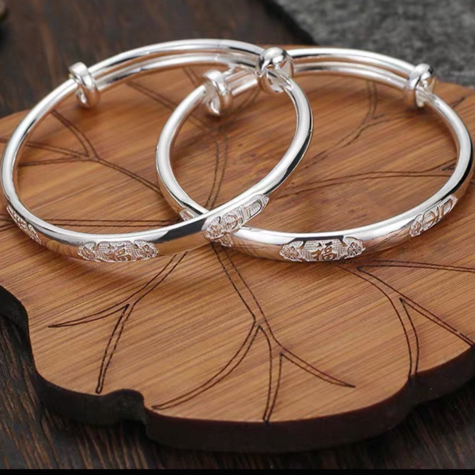 足银手镯 9999足银手镯吉祥福字实心推拉百岁满月婴儿生日礼物