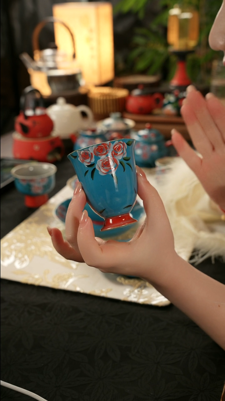 陶瓷茶具亮面玫瑰高足花口杯