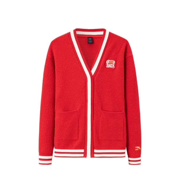 安踏好事发生丨龙年款红色针织外套女冬季长袖开衫上衣 浓郁红