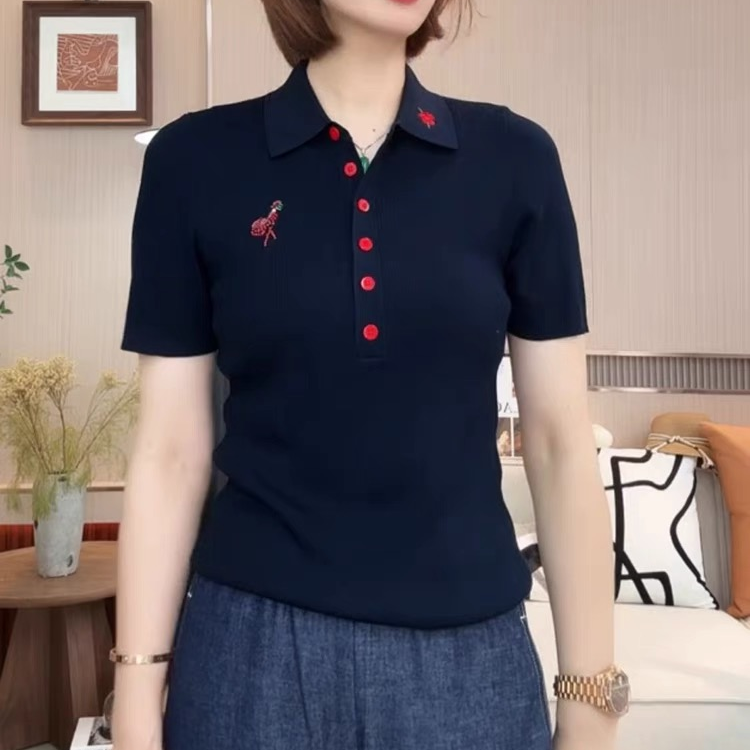 夏新款火烈鸟钉珠刺绣设计感短袖套头上衣单排扣POLO领针织显瘦女