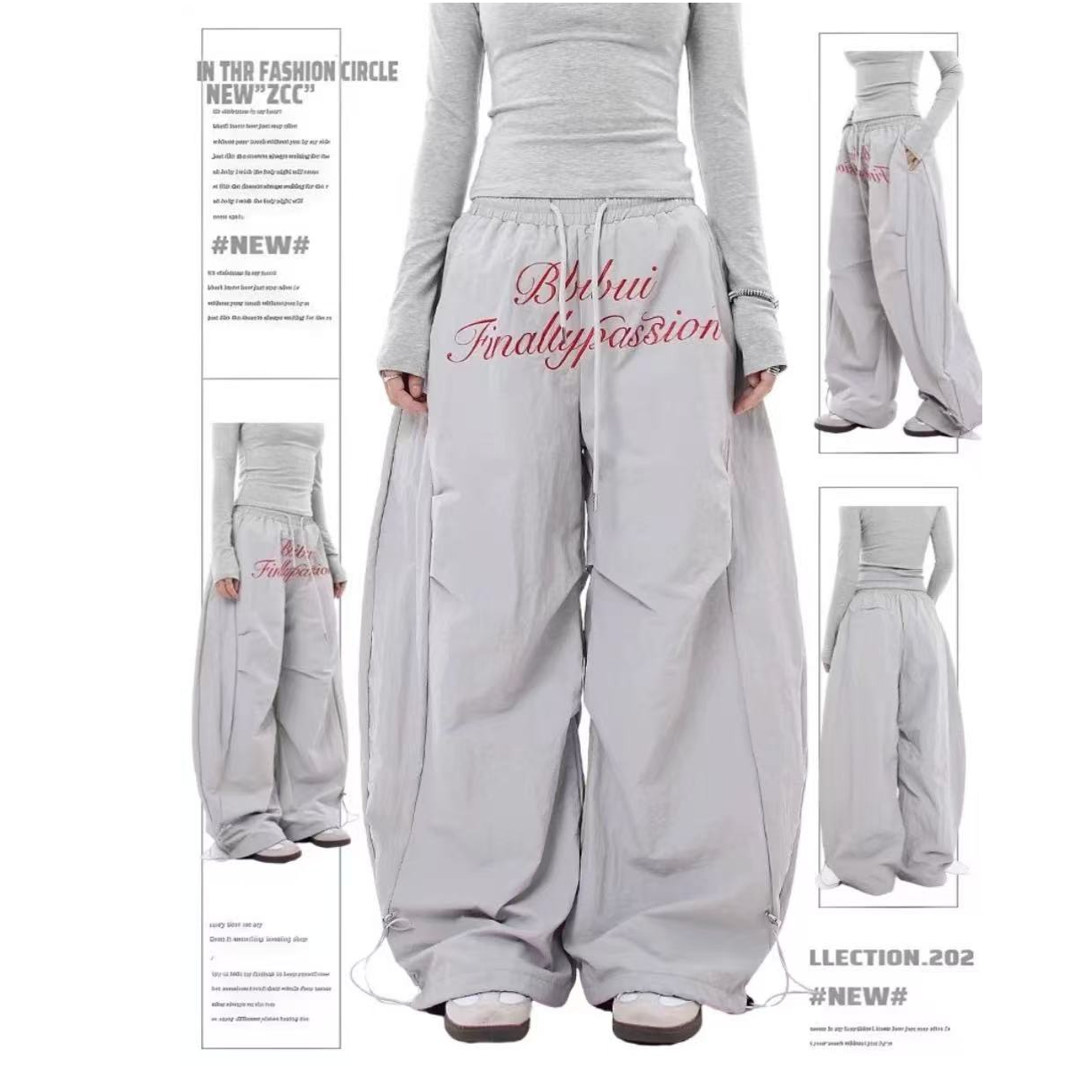 美式字母刺绣褶皱灰色伞兵工装裤女秋冬季设计感加绒阔腿弯刀裤子