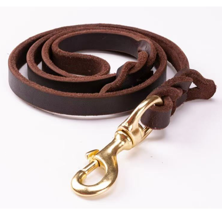 铜钩真皮宠物牵引绳头层全粒面牛皮牵引绳狗绳德牧绳编花牵引带