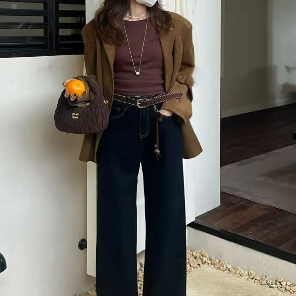小众设计加厚复古港风加绒弯刀牛仔裤