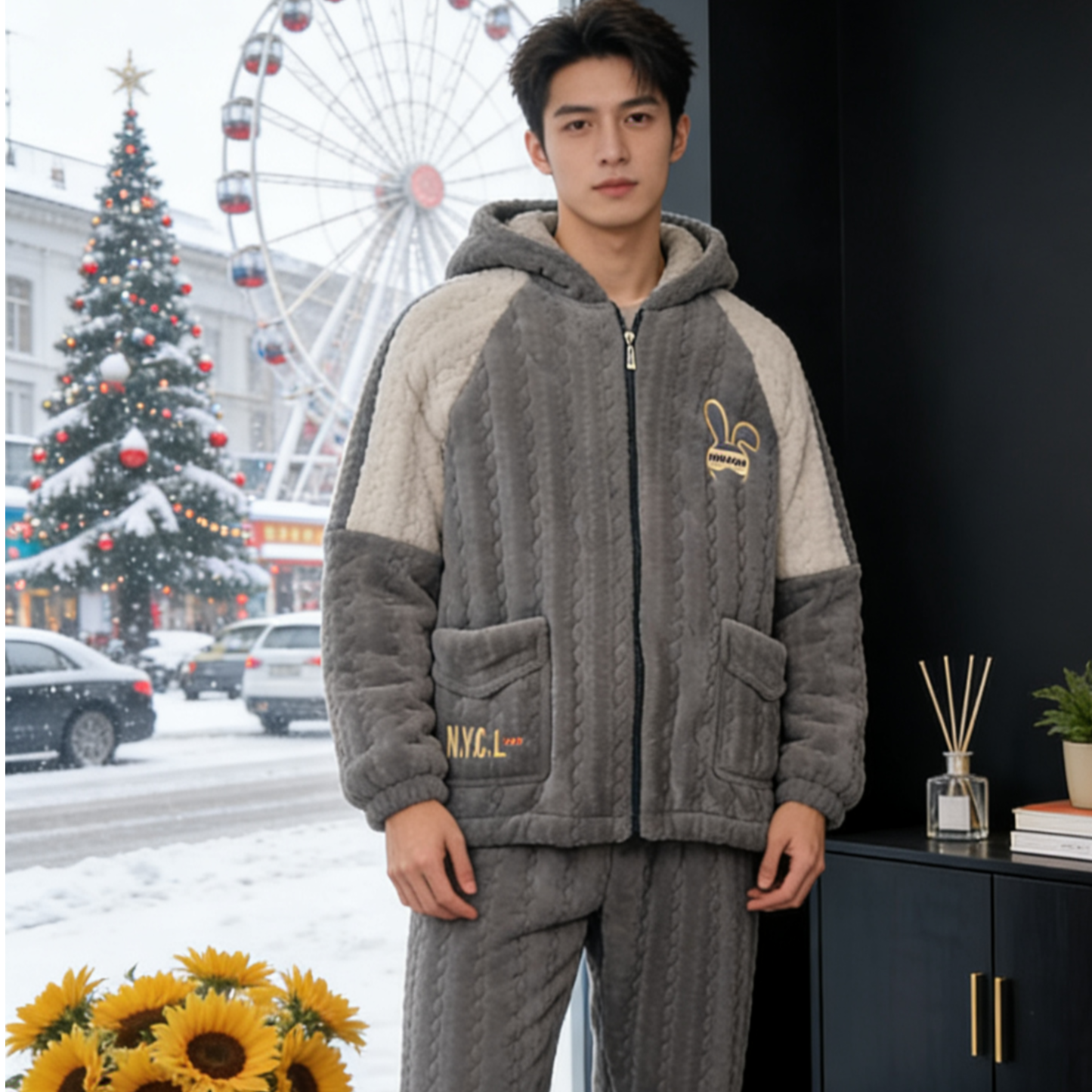 【0323灰兔】保暖加厚三层夹棉连帽家居服套装男款睡衣冬季休闲