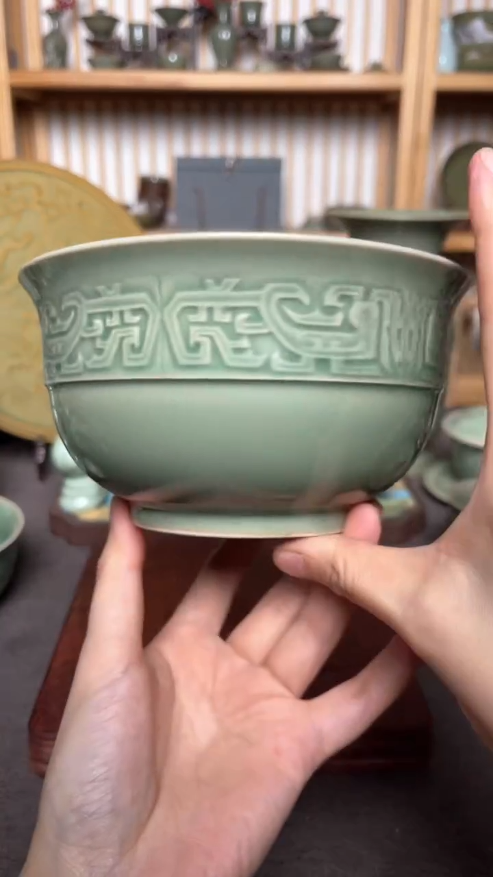 摆件6英寸青瓷青铜纹大碗 正品 