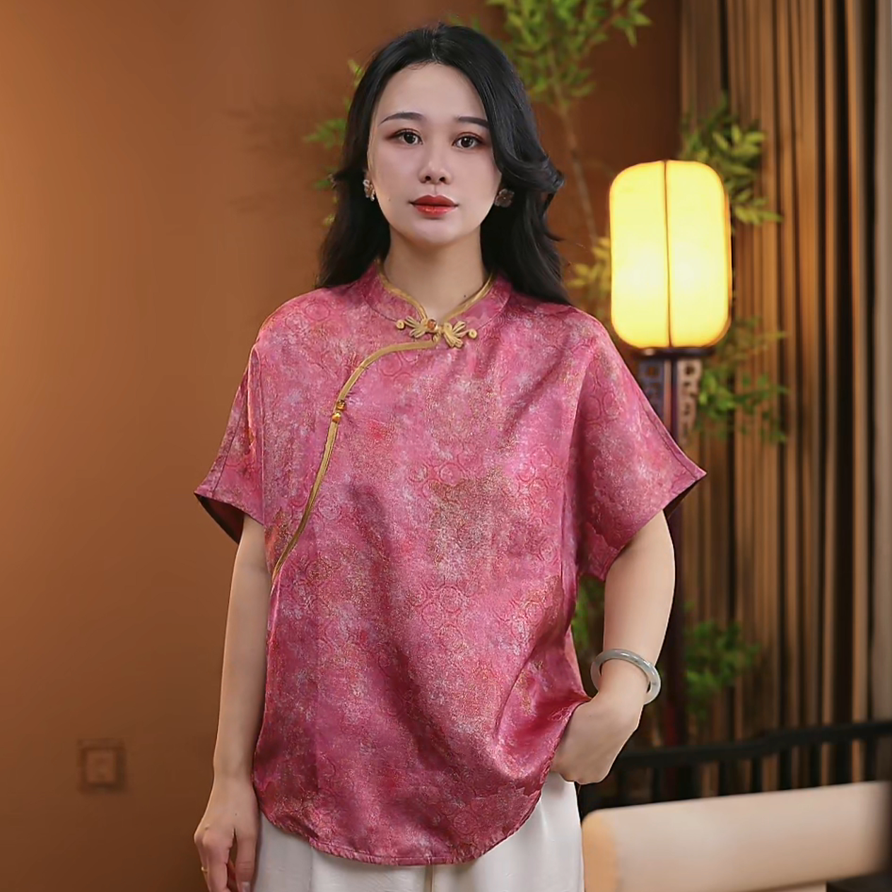 夏季新中式桑蚕丝盘扣立领短袖提花时尚中国风百搭气质短袖女S140