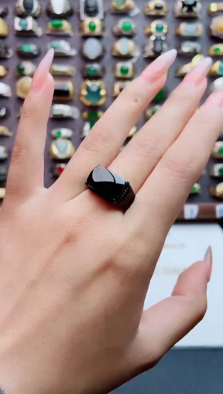 银S925镶嵌戒指翡翠天然翡翠男戒 