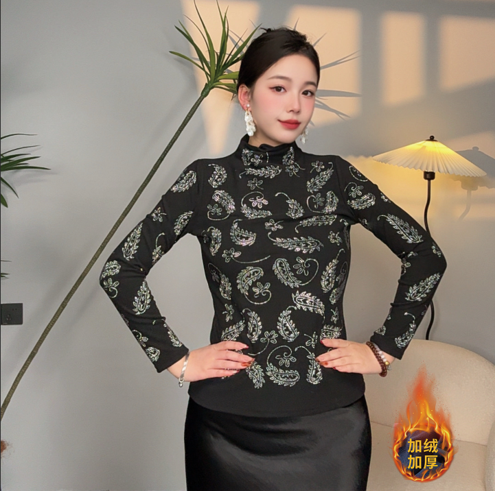 【 冬季新款】羽毛重工烫钻厚款加绒打底衫高领长袖显瘦保暖-3222