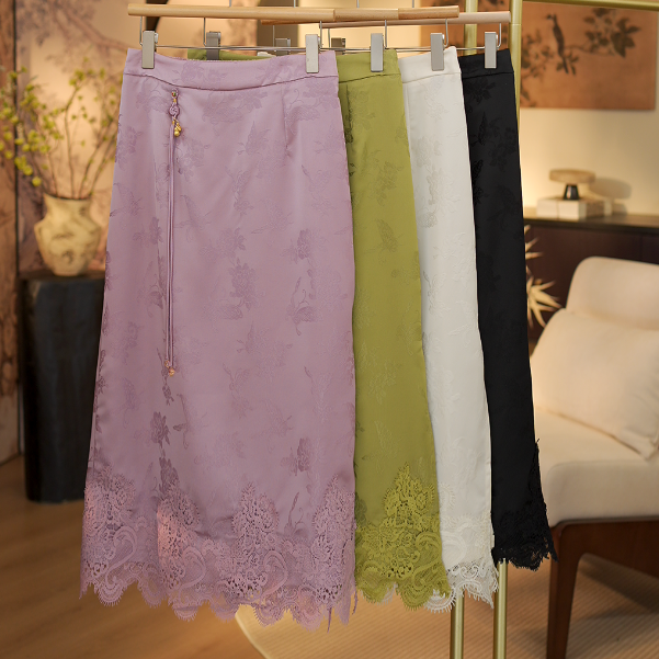 山月记 暗纹织花蕾丝下摆半身裙60290