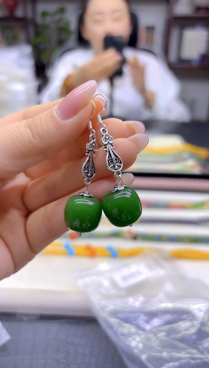 银S925镶嵌和田玉耳饰DIY款E953