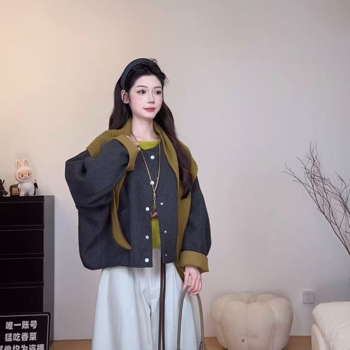 （6-8运贴）韩风披肩款撞色袖口毛呢短外套秋冬慵懒感圆领排扣开衫