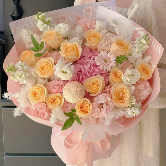 热卖爆款【浪漫的约定】13朵香槟玫瑰4朵紫罗兰绣球洋桔梗混搭花束见面送闺蜜恋人鲜花同城配送小时达鲜花直播