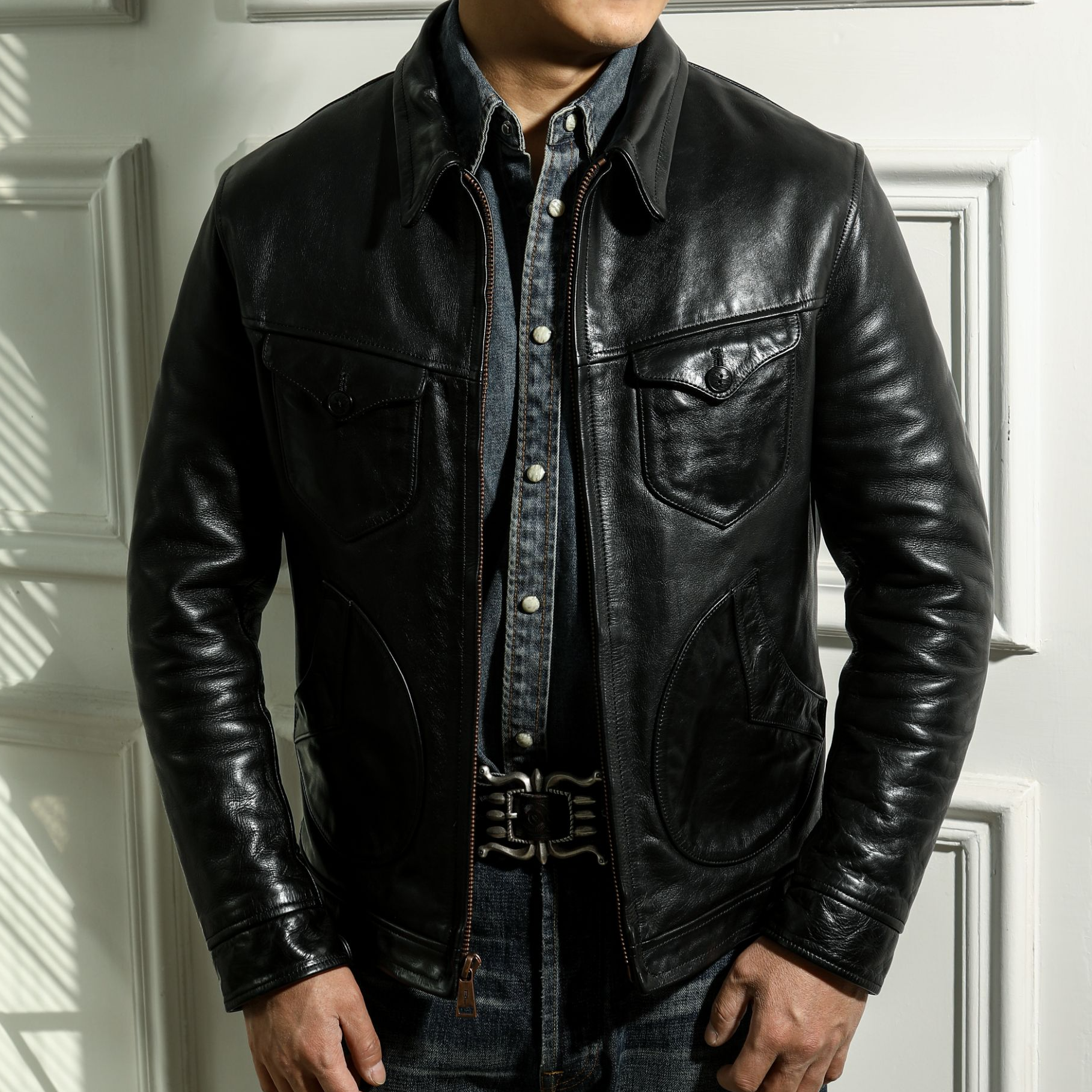 门多萨无涂小牛皮重水洗真皮夹克男机车短款修身复古皮衣翻领外套
