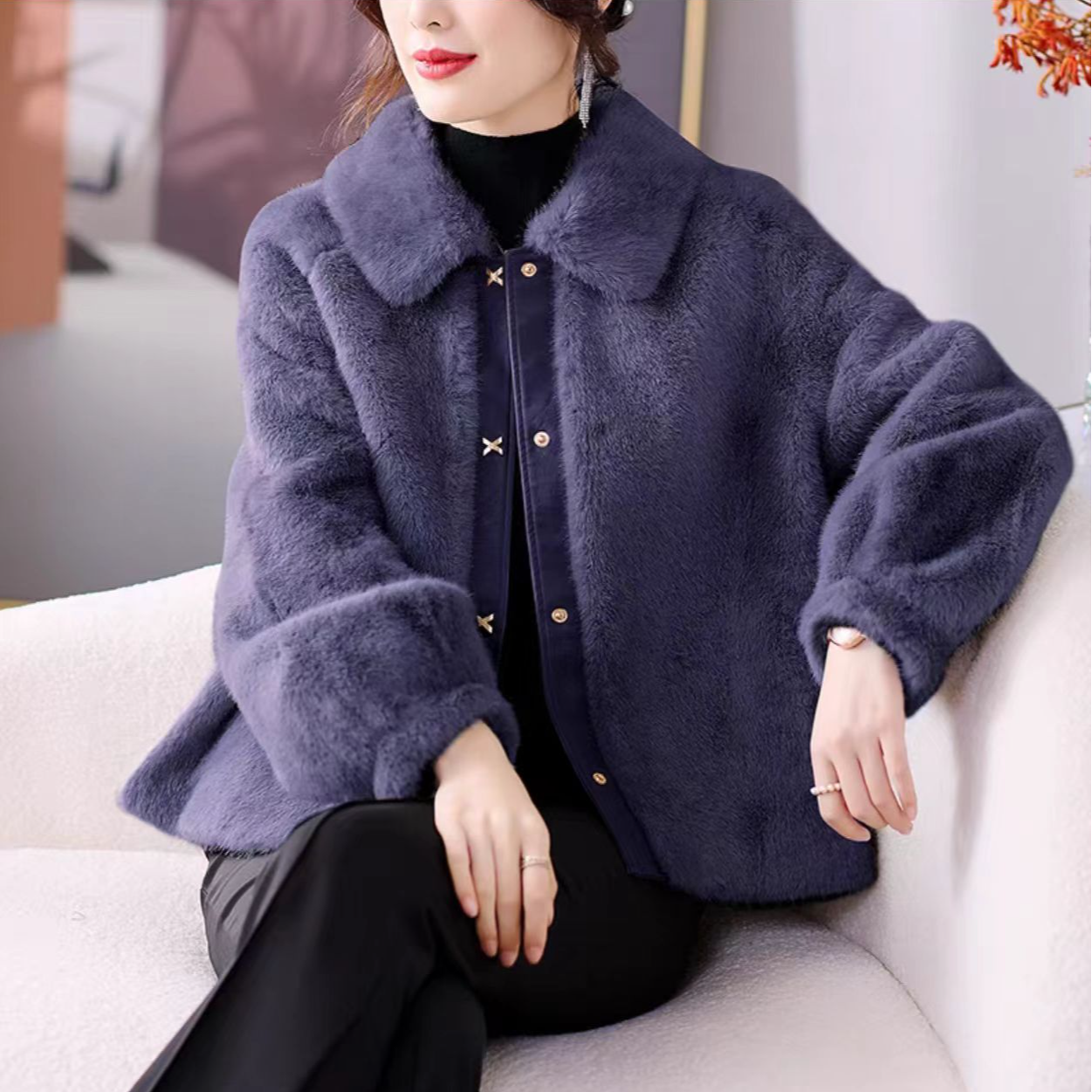 人造皮草 小个子妈妈外套人造皮草2025秋冬新款中老年女一体大衣