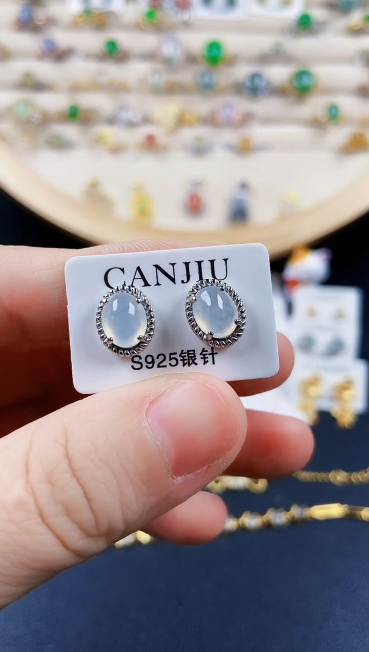 翡翠银S925镶嵌耳饰456879