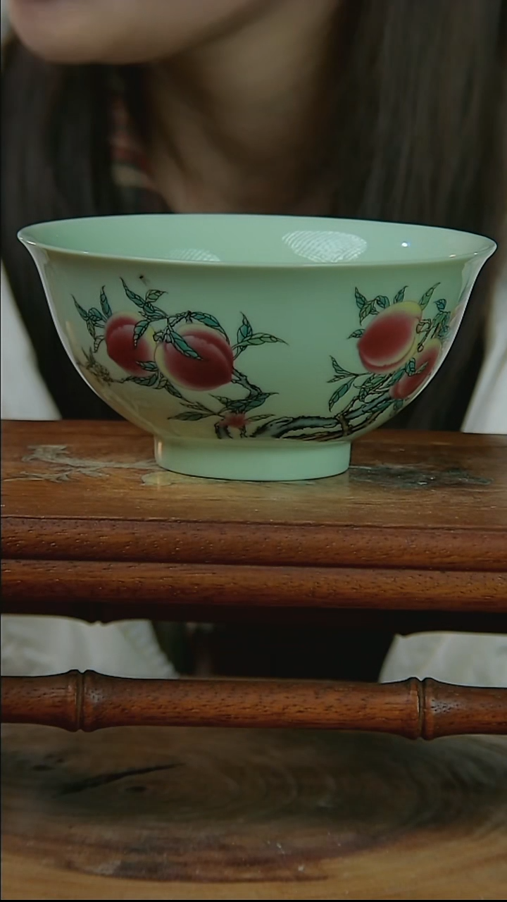 摆件陶绿稀土寿桃米饭碗