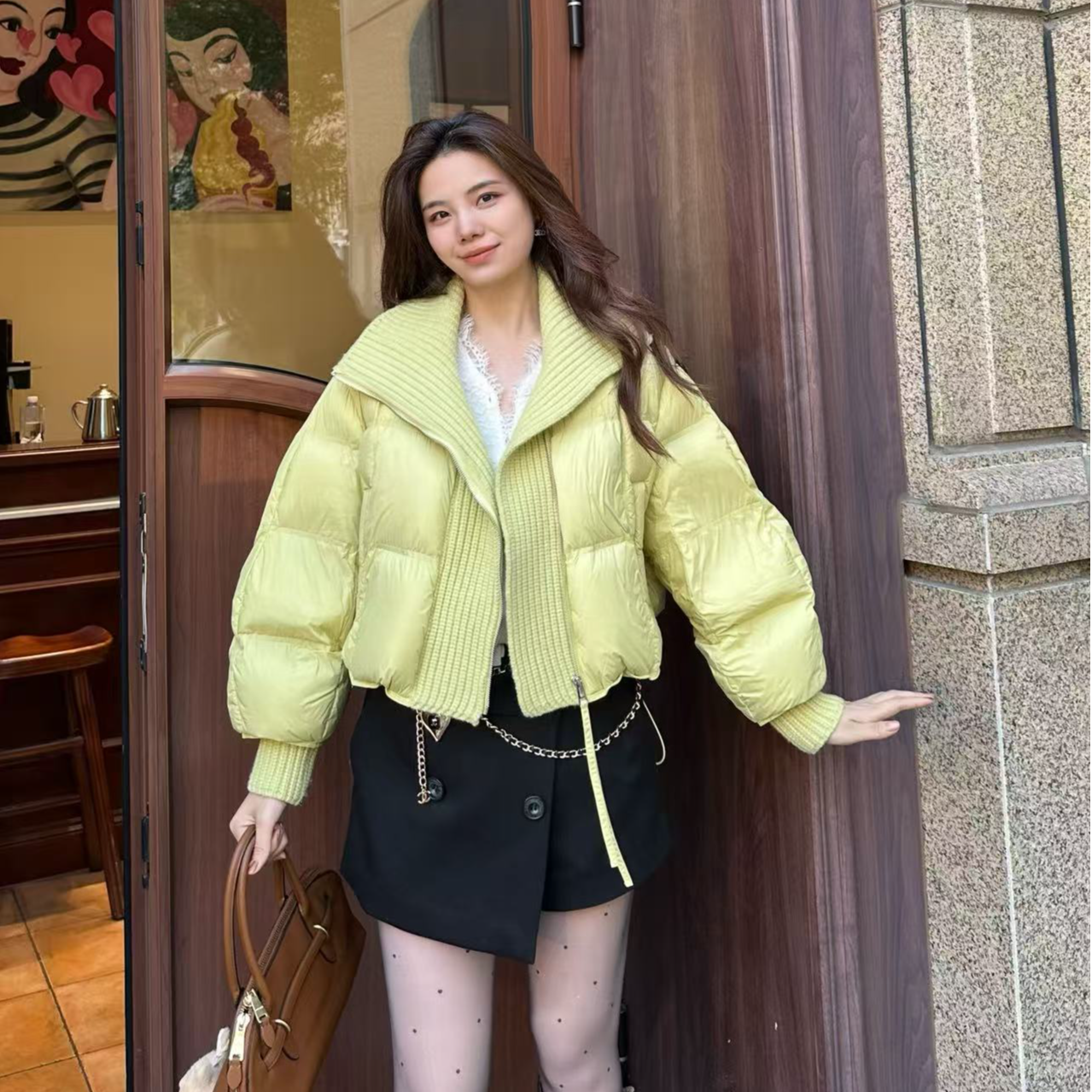 【XSY】SU100-针织翻领面包款柠檬黄宽松羽绒服