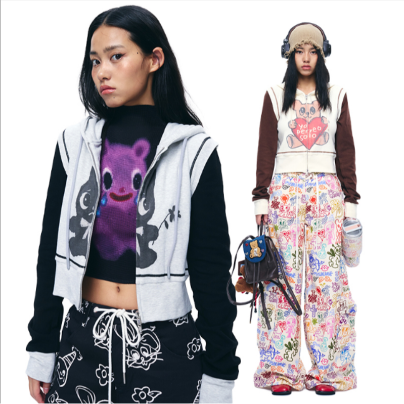  【自播】MOF 少女百货 撞色袖子印花修身连帽卫衣外套开衫isc